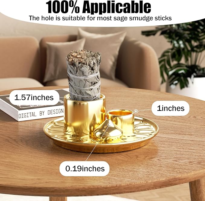 Palo Santo Holder - 4 in 1 Incense & Candle Holder - Ceramic Incense Holder Ash Catcher Tray for Meditation Room - Easy to Clean (Gold)