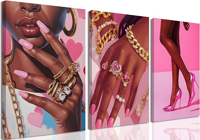 ANVOTIG 3Pcs Black Girl Wall Art Pink Framed Decor African American Woman Canvas Prints Fashion Posters Gorgeous Pictures Living Room Bedroom Home Decoration16x24In