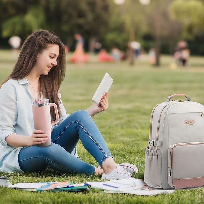 LOVEVOOK Laptop Backpack for Women with Pouch Pocket for Large Capacity Cup,15.6 Inch Laptop Computer Bag Travel Backpack Purse,Waterproof Work Business Backpack College Teacher Bags,Gray-Pink