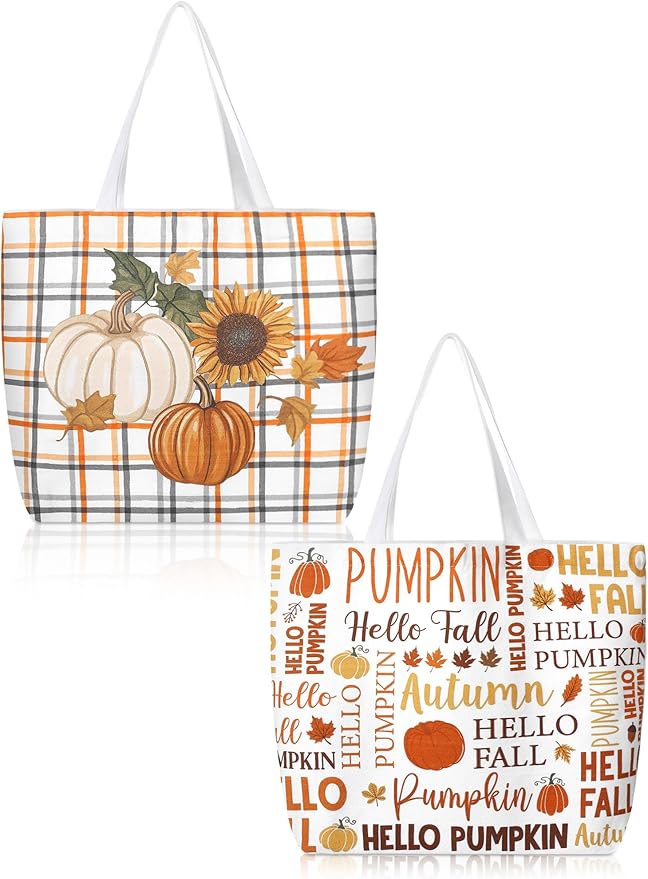 Bencailor 2 Pcs Fall Canvas Tote Bag Thanksgiving Pumpkin Maple Leaf Tote Pouch Cute Aesthetic Reusable Grocery Bag for Women