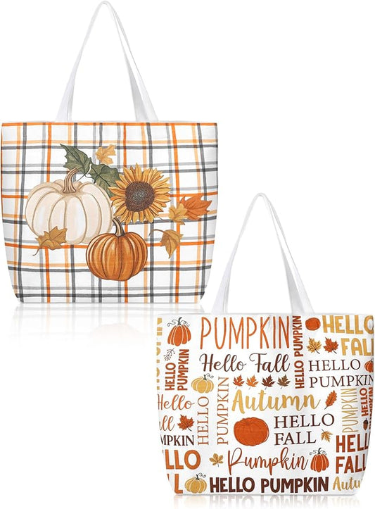 Bencailor 2 Pcs Fall Canvas Tote Bag Thanksgiving Pumpkin Maple Leaf Tote Pouch Cute Aesthetic Reusable Grocery Bag for Women