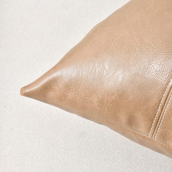 Fancy Homi 2 Packs Tan Long Lumbar Faux Leather Decorative Throw Pillow Covers 12x24 Inch for Outdoor Couch Bed, Beige Hand Stitched Cushion Case 30x60 cm, Taupe Modern Farmhouse Home Decor