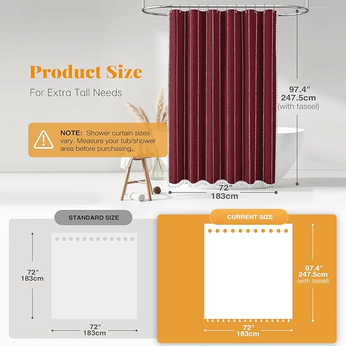 BTTN Extra Long Shower Curtain, 72x96 Long Striped Boho Linen Fabric Heavy Duty Shower Curtain Set with 12 Hooks, Tall Bohemian Farmhouse Luxury Tassel Cloth Shower Curtains for Bathroom, Burgundy