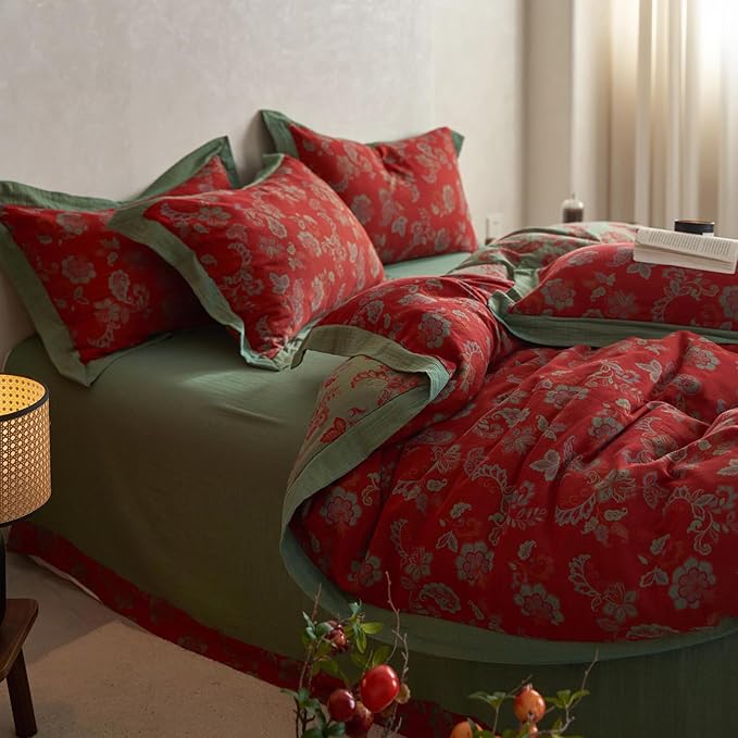 mixinni Exquisite Vintage Red Floral Duvet Cover Queen Size Yarn-Dyed Jacquard Textured Design Duvet Cover Set with Green Edge Design Premium Muslin Cotton-Linen Bedding Set for All Season-Queen Size