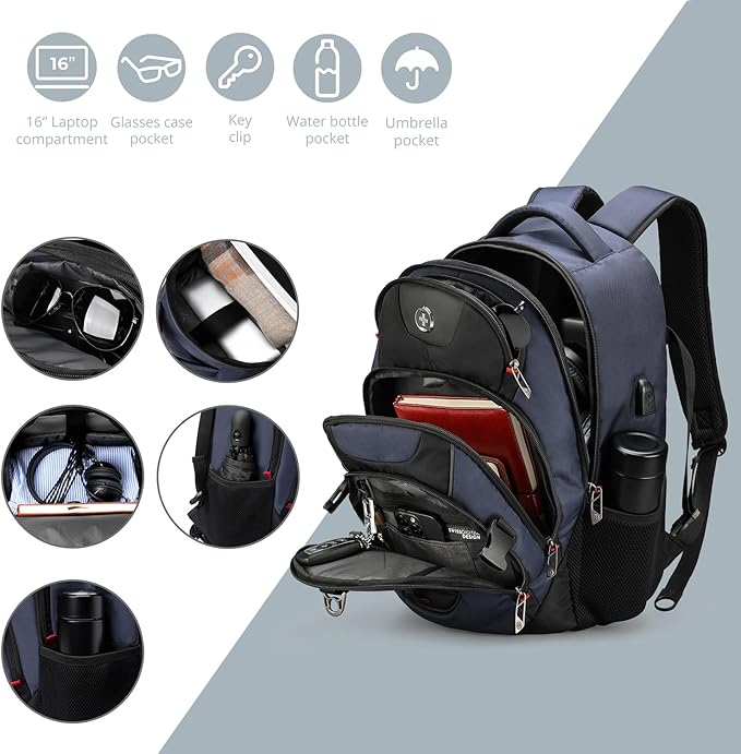 Swissdigital Design Travel Backpack for Men with Apple Find My, Laptop Backpack with USB Charging Port, RFID Protection, Add-A-Bag System - Travel Backpack for Men-Finder Color Random