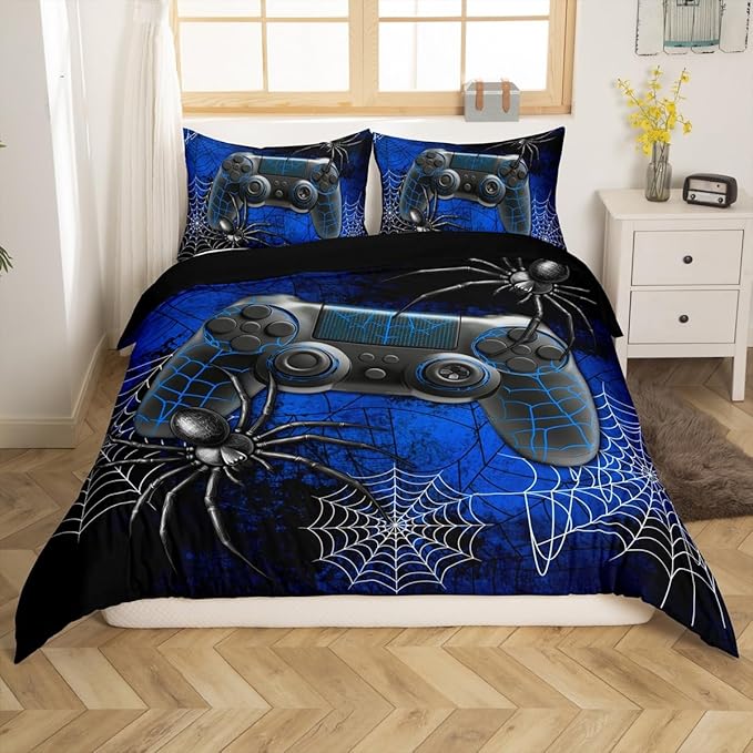 Boys Gamer Gamepad Duvet Cover Set Twin Size Kids Teen Man Gaming Theme Bedding Sets 2 Pcs for Room Decor, Fashion Spider Halloween Comforter Cover with 1 Pillowcase (No Comforter) Black Blue
