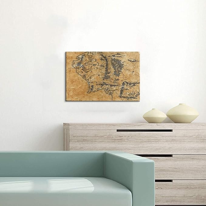 Map of Middle Earth Wall Decor - Middle Earth Map Wall Art with Inner Wooden Frame, Lightweight & Easy Hanging, Paintings for Game Room & Bedroom, 12x18 Inches