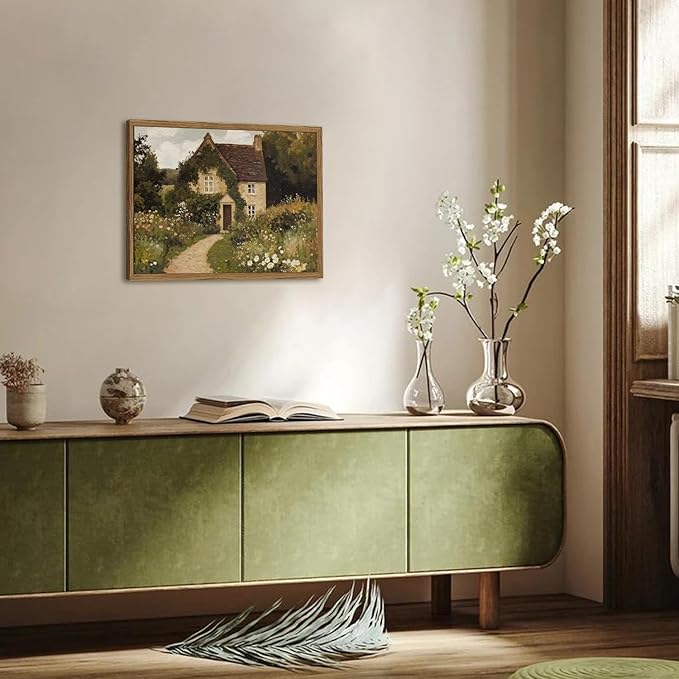 Vintage Farmhouse Wall Art, Retro Landscape Wall Decor Paintings, 3D Textured Hand Drawn Sandstone Nature Botanical Farm House Artwork for Bedroom Living Room 12x16 inch Wood Framed