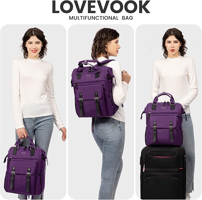 LOVEVOOK Laptop Backpack for Women Work Travel Backpack, Teacher Doctor Nurse Bags College Backpack Purse, Business Commuter Computer Laptop Bag, 17 Inch, Dark Purple-black