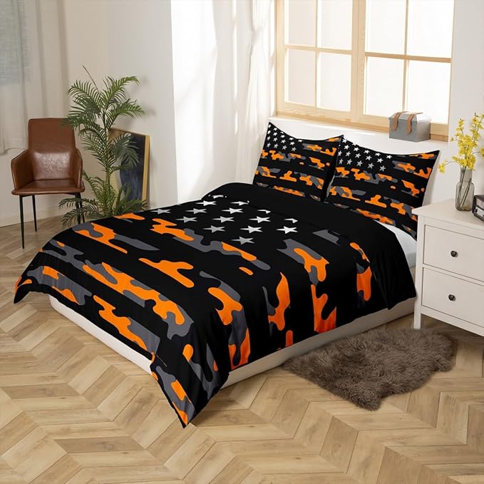 Camo American Flag Duvet Cover Set King Size,Orange Grey Black Camouflage Print Comforter Cover with 2 Pillowcases,Stars Stripes Flag Modern Bedding Set for Adult Young Bedroom Xmas Gift