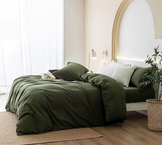 JIYUAN 100% Washed Cotton Duvet Cover Set 3 PCS Super King Plus, 1 Duvet Cover 120x120 Inches(Comforter Not Included) and 2 Pillowcases,Linen Feel Bedding Set Comfy and Breathable,Olive Green