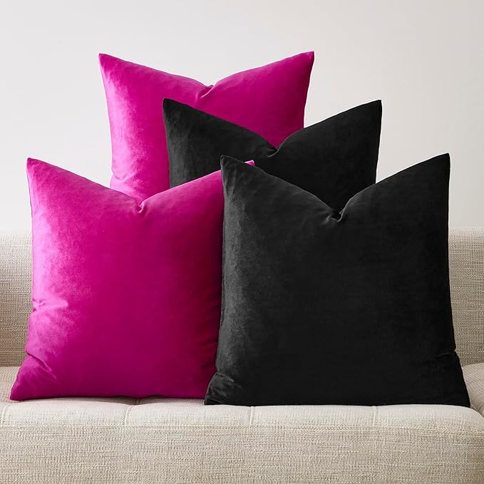 GIGIZAZA Pillow Covers 16x16 Set of 4,Black Hot Pink Velvet Soft Pillow Covers Decorative Square Modern Pillows Cushion Cases for Living Room