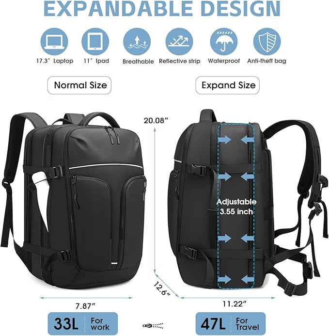 Vacuum Compression Backpack for Travel, 47L Expandable Airback Backpack with Pump, 17 inch Laptop Backpack Luggage Flight Approved with Vacuum Compression System