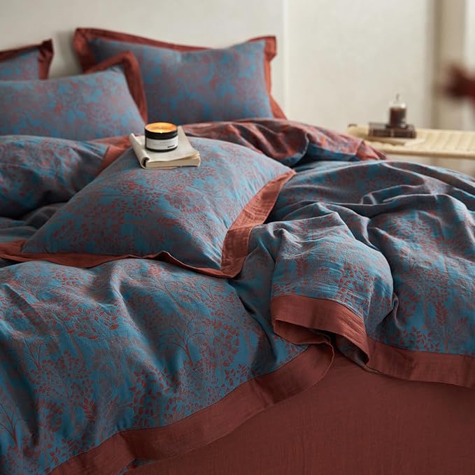 mixinni Muslin Cotton Vintage Blue Floral Duvet Cover Queen Size 3pcs Yarn Dyed Burgundy Jacquard Weave Bedding Comforter Cover Soft Breathable Bedding Sets for All Season-Queen Size