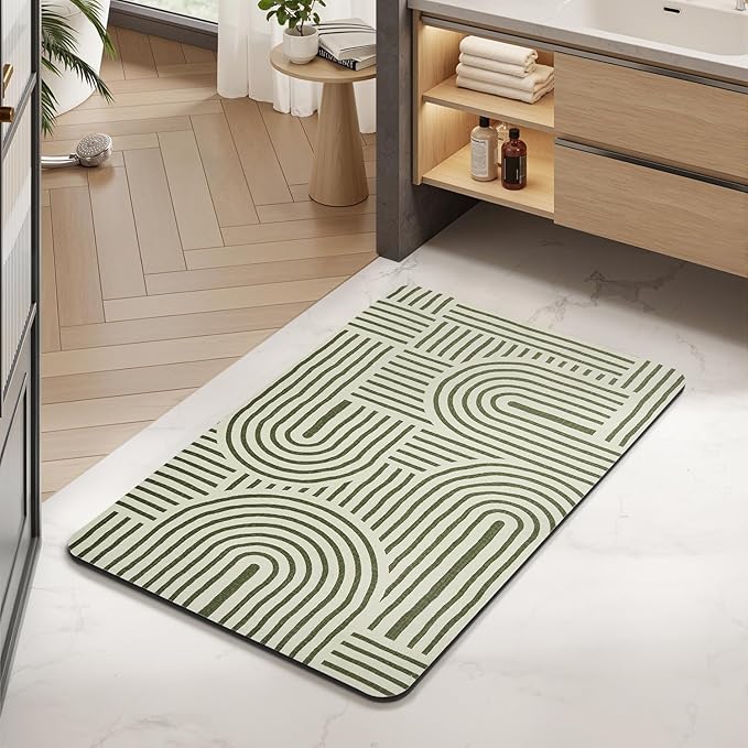MontVoo -Bath Mat-Non Slip Thin Bathroom Rugs Fit Under Door- Quick Dry Absorbent Faux Suede Surface Grey Bathroom Floor Mats-Shower Rug for in Front of Bathtub Shower Ivory & Green Arched 17x27.5