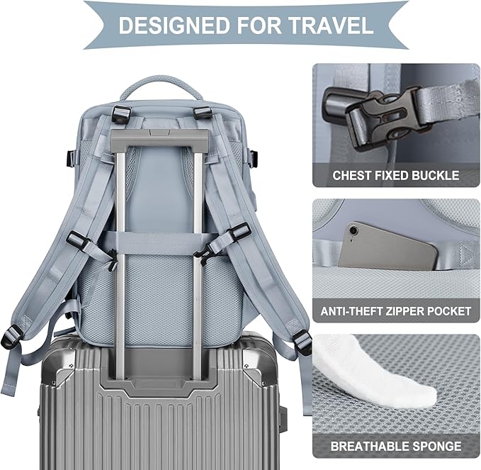 coowoz Large Travel Backpack For Women Men,Carry On Backpack Flight Approved,Hiking Backpack Waterproof Outdoor Rucksack Casual Daypack Fit 15.6 Inch Laptop Shoes Compartment (Gray Blue-L)