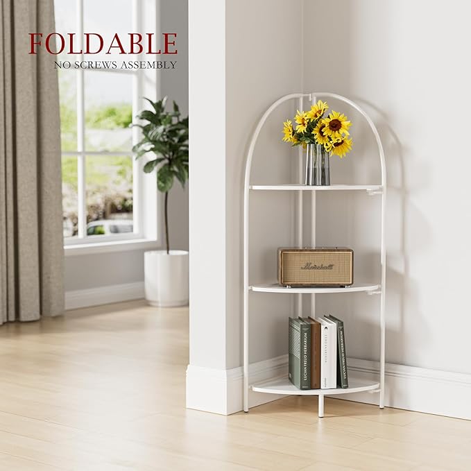 Crofy Foldable 3 Tier Corner Shelf, Metal Corner Plant Stand with White Frame and White Shelves, Corner Display Rack Multipurpose Shelving Unit for Living Room, Bedroom, Bathroom