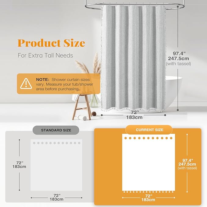 BTTN Extra Long Shower Curtain, 72x96 Long Striped Boho Chic Linen Fabric Heavy Duty Shower Curtain Set with Hooks, Tall Bohemian Farmhouse Luxury Tassel Cloth Shower Curtain for Bathroom, Grey/Gray