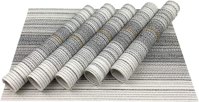 Placemat,Blending Color Durable Woven Vinyl Placemat Washable Heat-Resistant Anti-Skid Kitchen Dining Table Mats (Set of 6, Black with White)