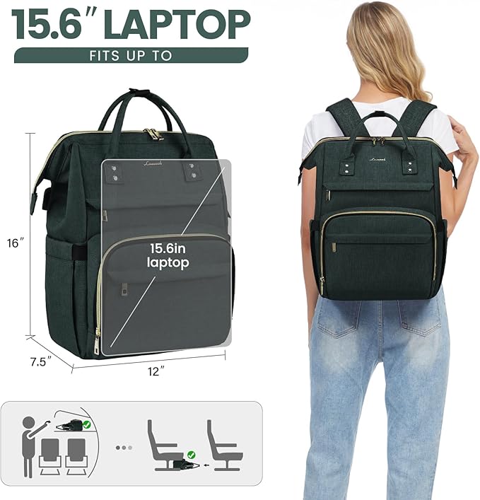 LOVEVOOK Laptop Backpack for Women,15.6 Inch Professional Womens Travel Backpack Purse Computer Laptop Bag Nurse Teacher Backpack,Waterproof Work Bags Carry on Back Pack with USB Port,Dark Green