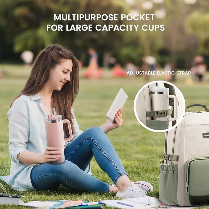 LOVEVOOK Laptop Backpack for Women with Pouch Pocket for Large Capacity Cup,18 Inch Laptop Computer Bag Travel Backpack Purse,Waterproof Work College Teacher Bags,White-Bean Green-Dark Olive Green