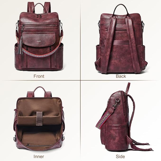 Shrrie Laptop Backpack for Women 15.6 inch,Travel Leather Backpack Purse Nurse Teacher Carry on Backpack Computer Bag,Professional Water-Resistant College Business Work Casual Daypack,Two-tone Maroon