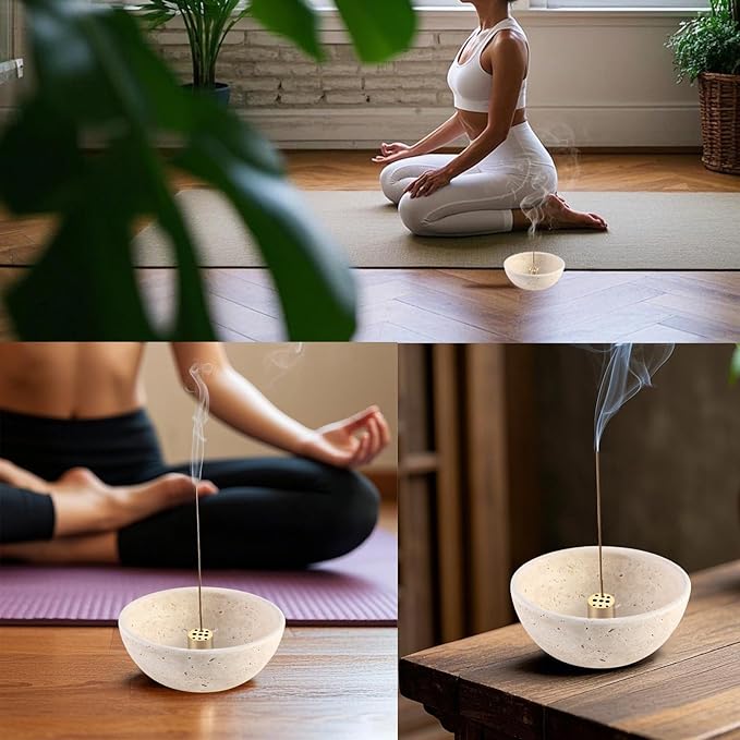 Koville Natural Marble Incense Holder, Incense Holder for Sticks with 9 Holes, Handmade Incense Burner Ash Catcher for Meditation Yoga SPA, Balsam Fir/Palo Santo/Sage/Cone (Beige)