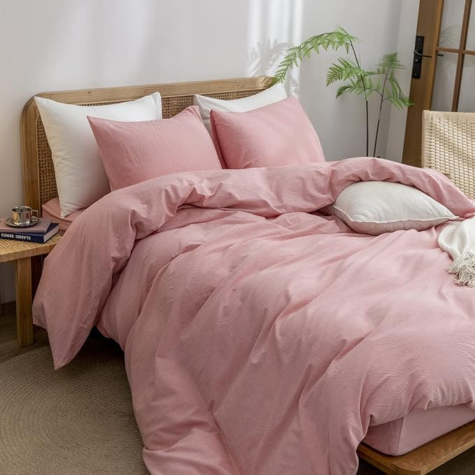BESTOUCH Duvet Cover Set 100% Washed Cotton Linen Feel Super Soft Comfortable Chic Lightweight 3 PCs Home Bedding Set Solid Red Pink Full/Double