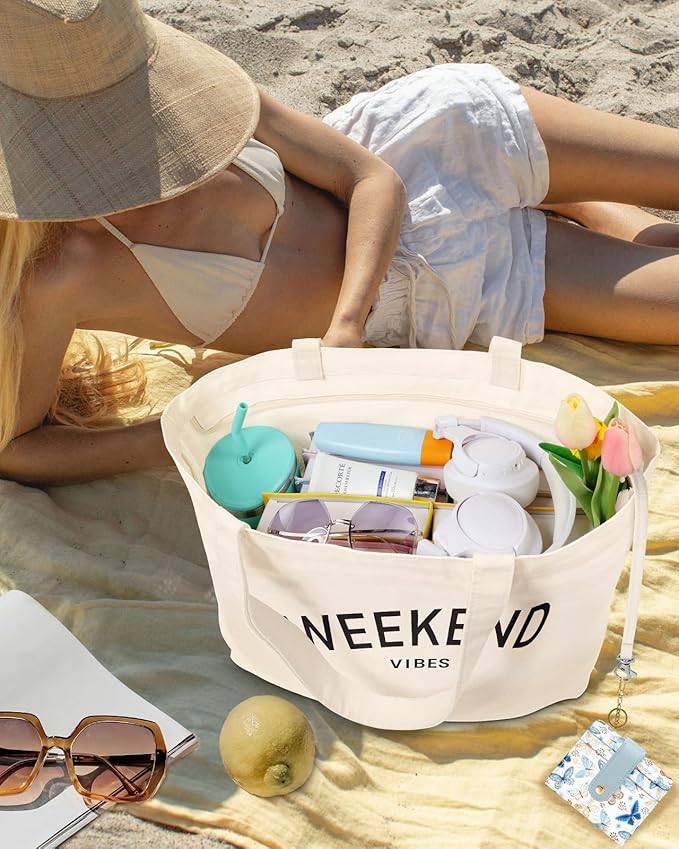 Large Tote Bag for Women - Aesthetic Cute Big Canvas Bags with Zipper Cotton Shoulder Bag for Gym, Travel, Work