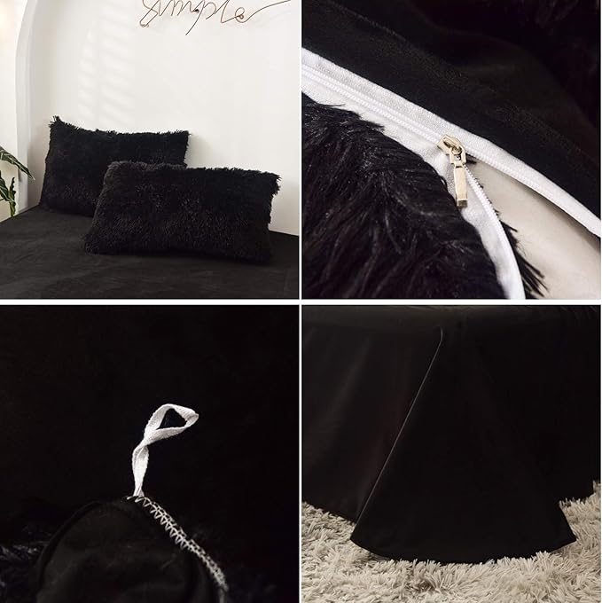MorroMorn 5 PCS Shaggy Duvet Cover Bedding Set - Fluffy Comforter Cover Long Faux Fur Luxury Ultra Soft Cozy (Black, King/California King)