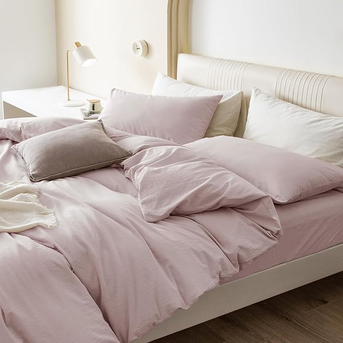 JIYUAN 100% Washed Cotton Duvet Cover Set 3 PCS Oversized Queen, 1 Duvet Cover 98"x98" (Comforter Not Included) and 2 Pillowcases,Linen Feel Bedding Set Comfy and Breathable, Heathered Greyish Pink