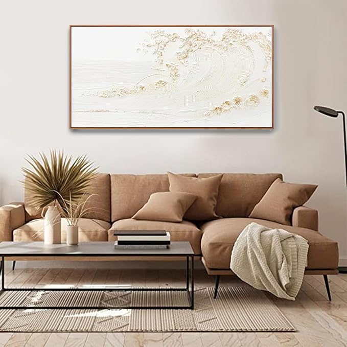 Framed Wall Art Wall Decor Nature Decor Canvas Hand Painted White Wave With Golden Embellishments Artwork Painting Picture For Living Room Bedroom Living Room And Office Wall Decor 24x48 Inch