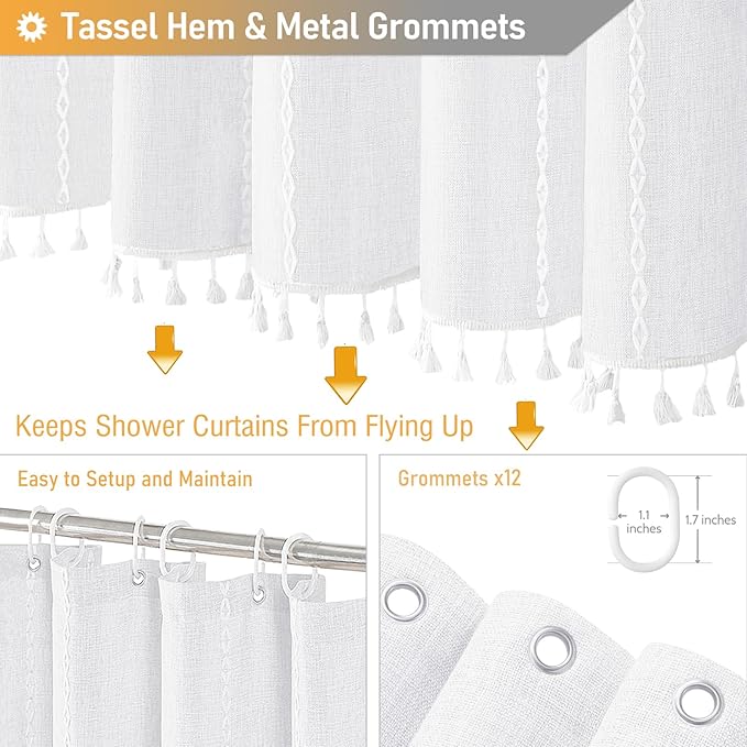 BTTN Extra Long Shower Curtain, 72x84 Inch Long Boho Tassel Linen Fabric Thick Shower Curtain Set with Plastic Hooks, Large Modern Farmhouse Country Decorative Cloth Shower Curtain for Bathroom, White