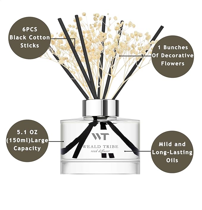 Flower Reed Diffuser Set Gardenia Scent for Bathroom Accessories Shelf Decor & Air Fresheners, Sticks Defusers with 5.1 fl oz Essential Oils & Leaves, House Bedroom Office Decor & Gifts
