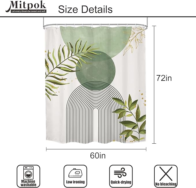 Sage Green Boho Shower Curtain 60Wx72H Modern Bohemian Abstract Leaves Olive Dark Green Mid Century Plant Bathroom Decor Minimalist Geometric Arch Bath Curtain Fabric Polyester 12 Pack Hooks