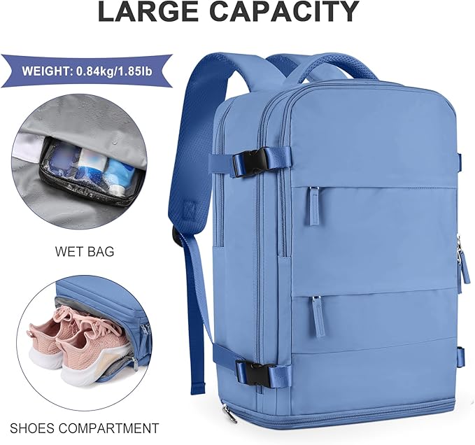 coowoz Large Travel Backpack For Women Men,Carry On Backpack Flight Approved,Hiking Backpack Outdoor Rucksack Casual Daypack Fit 15.6 Inch Laptop Shoes Compartment (Sky Blue L)