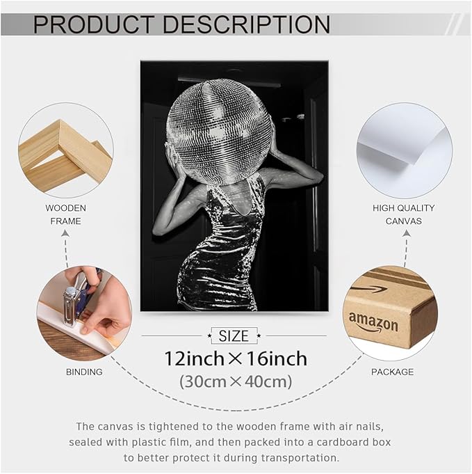 Vintage Funky Y2k Hot Girl Poster Black and White Disco Ball Canvas Wall Art 12x16 inch Framed Trendy Preppy Bar Cart Decor for Living Room Dorm