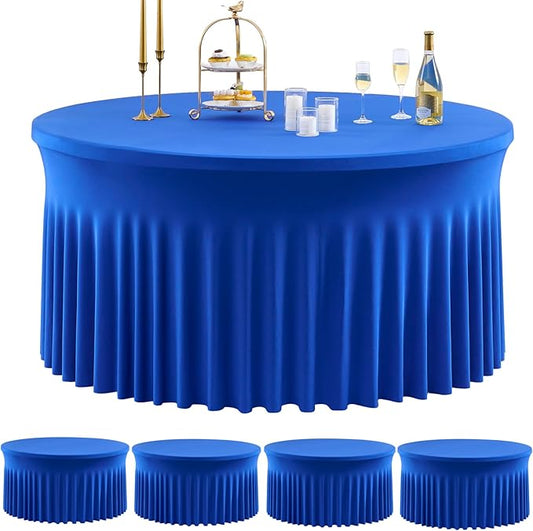 Outpain 4 Pack Spandex Royal Blue Round Tablecloths for 60in Tables, 120Inch Stretchy Fitted 5FT Round Table Clothes,Wrinkle Free Table Cover with Skirt for Wedding Party Dining Banquet