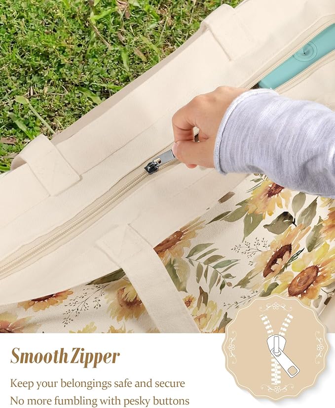 Large Tote Bag for Women - Canvas Tote Bag with Zipper Aesthetic Reusable Shoulder Bag for Gym, Travel, Work