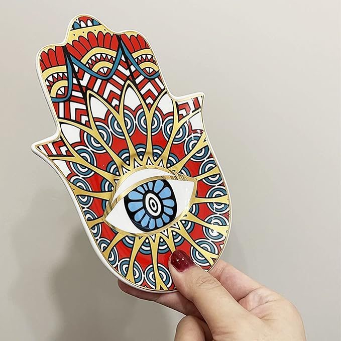 Ceramic Hamsa Hand Incense Holder - 2 in 1 Brass Incense Holder for Sticks and Coil Incense- Zen Decor with Hand of Fatima Design Protection from Evil - 6.2" L X 4.5" W (red)
