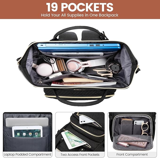 LOVEVOOK Laptop Backpack for Women,17 Inch Professional Womens Travel Backpack Purse Computer Laptop Bag Nurse Teacher Backpack,Waterproof College Work Bag Carry on Back Pack with USB Port,Black Plait