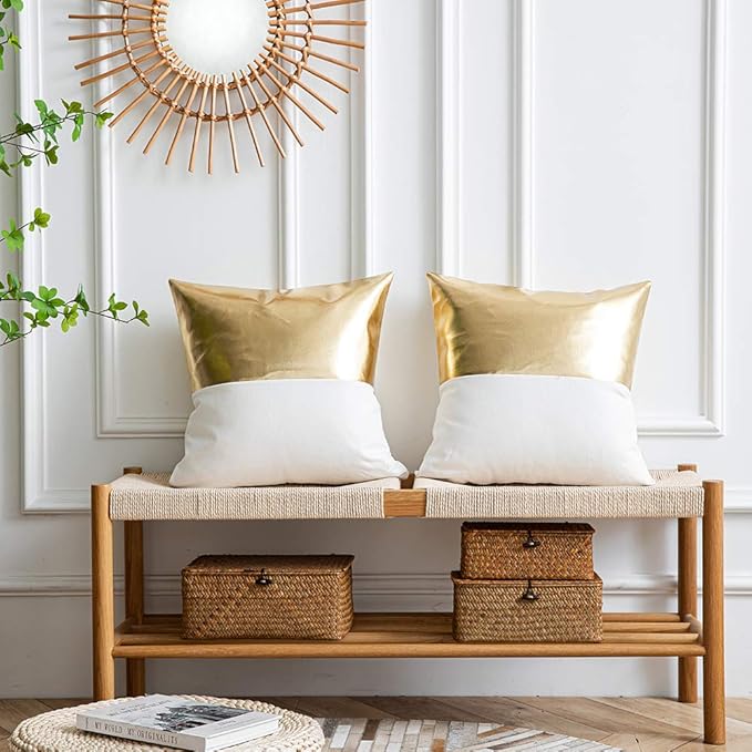 DEZENE Leather Throw Pillow Covers, Set of 2 Modern Leather/Cotton Decorative Pillowcases for Home Decor Bedroom Living Room Couch Bed Sofa, 18x18 Inch, Gold and White