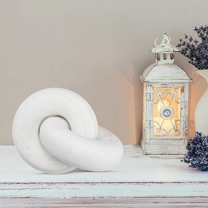 Yalikop 2 Link Wood Chain Link Decor Coffee Table Wooden Knot Decor Hand Carved Modern Farmhouse Ornament Boho Rustic Natural Chain Items for Home Living Room Bedroom Shelf Decorations(White)