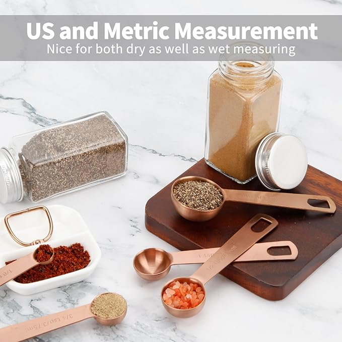 Measuring Spoons,SUS304 Stainless Steel Measuring Cups Set of 7 Piece: 1Tbsp,1/2Tbsp,1tsp,3/4tsp,1/2tsp,1/4tsp,1/8tsp Teaspoon Coffee Scoop Tablespoon for Dry and Liquid Ingredients,Rose Gold