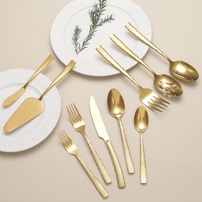 Large Hostess Serving Utensils Set, Stainless Steel Heavy Duty Hammered Serving spoons, Slotted Spoons, Serving Fork, Cake Server, Butter Knife, Dishwasher Safe (Gold)