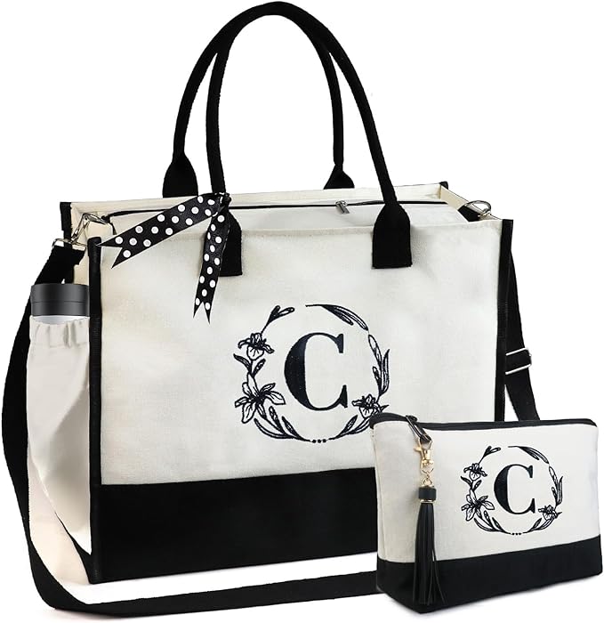 BeeGreen Embroidery Monogram Initial Tote Bag for Women Teacher Mom Friend Personalized Gift for Birthday Beach Work Wedding