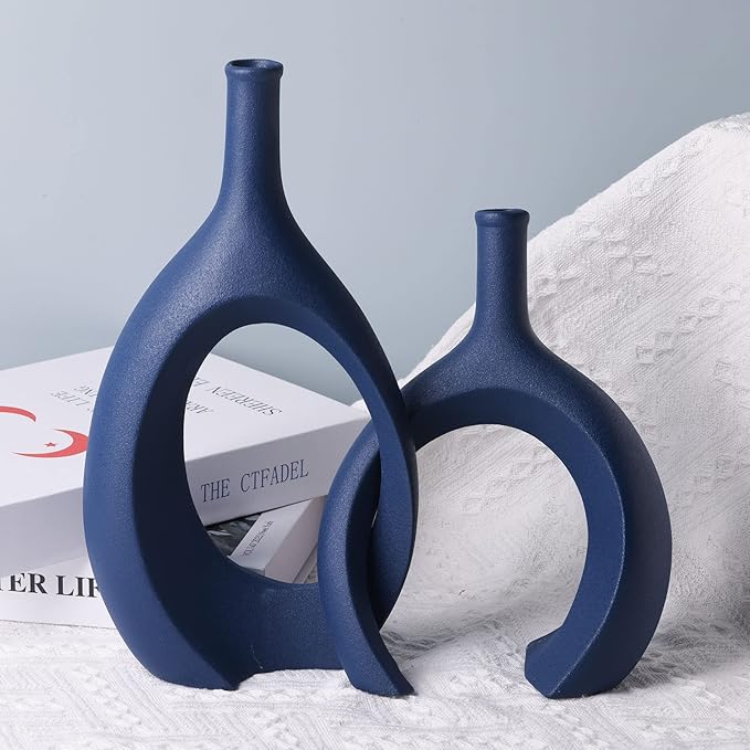 Navy Blue Unique Hollow Bud Vases Set of 2,Modern Snuggle and Huging Style Ceramic Vase for Pampas Grass,Living Room Decorations for Fireplace,Coffee Table Centerpiece,Mantle,Bookshelf Decor
