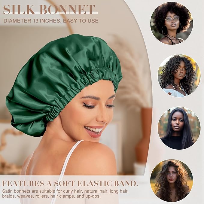 Satin Bonnet Silk Bonnet Hair Bonnet for Sleeping-Slouchy Beanie Hat Satin Sleep Cap for Women's Natural & Curly Hair(Black&Blackish Green)