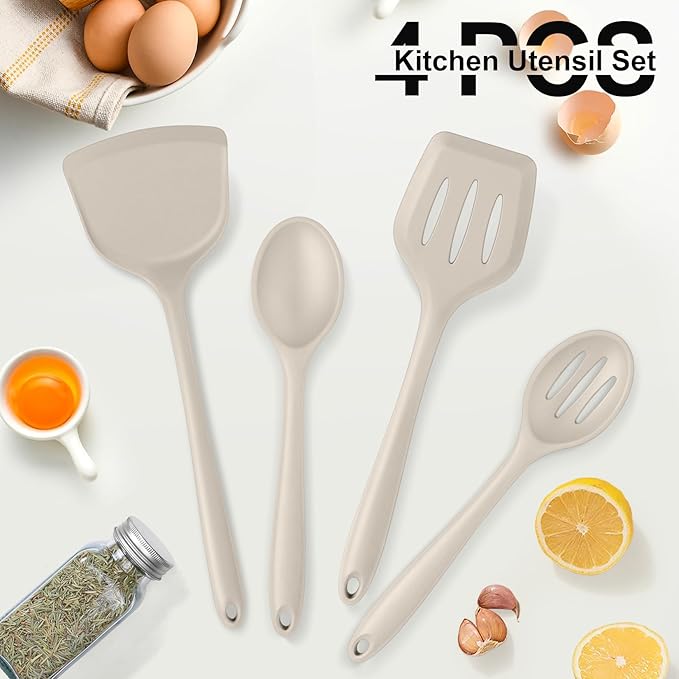 P&P CHEF Kitchen Utensil Set, 4 Pieces Non-stick Silicone Cooking Utensils, Heat-resistant Slotted Solid Spoon Turner for Frying, Mixing, Serving, Non-toxic & Easy to Clean, Khaki