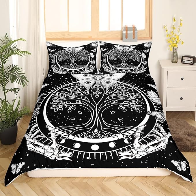 Tree and Moth Duvet Cover Set King Size, Moth Butterfly Comforter Cover with 2 Pillowcases,3 Piece,Stars Sun Moon Gothic Skull Skeleton Constellation Bedding Set for Adult Young Bedroom Xmas Gift